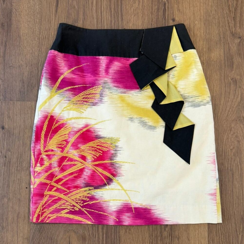 Anthropologie Floreat Origami Jacquard Tapestry Skirt Pink Yellow Size 8